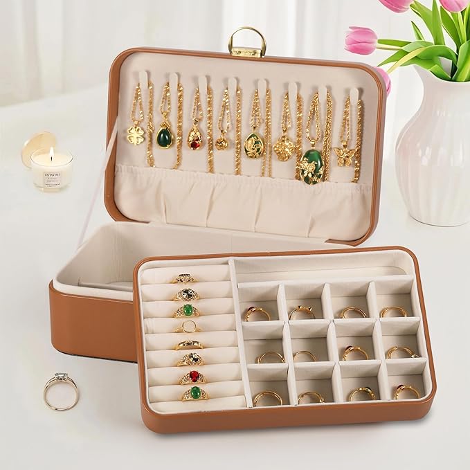 Travel Jewelry Case With Lock, 2-Layer PU Leather Jewelry Box for Women, Ring Box and Jewelry Organizer, Large Jewelry Travel Case,Best Gifts for Women for the Holidays(Brown)