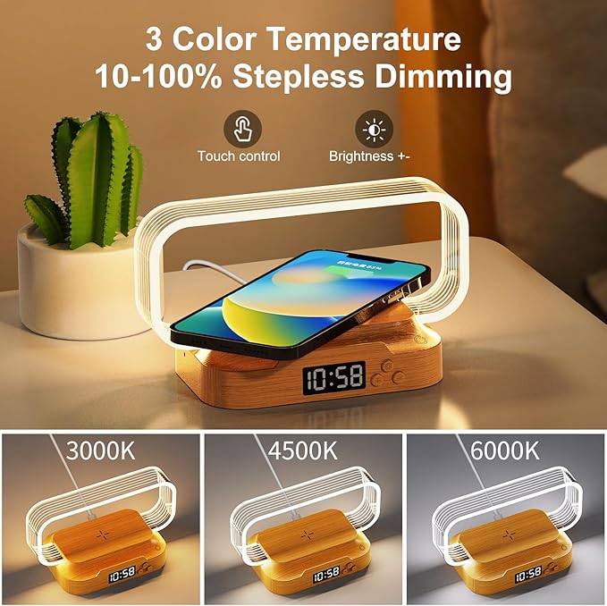 Donewin Small Nightstand Lamp with Wireless Charger,Cute Bedside Lamp with Clock,Small Table Lamp for Bedroom,Mini Night Light for Bedroom,Tiny Light as Gift,Stepless Dimmable,3 Color Modes