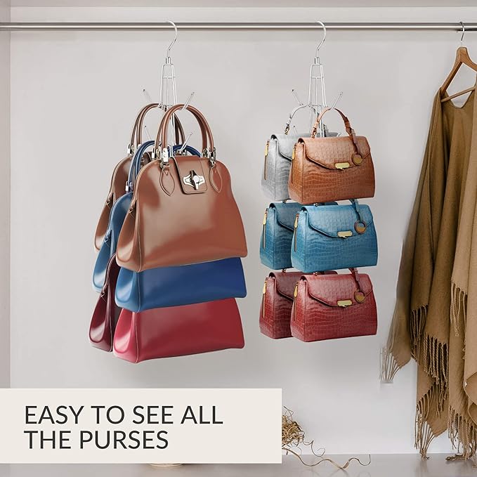 ZEDODIER Purse Hanger Organizer for Closet, Hanging Bag Holder, Keeping Purses Visible and in Good Condition, Metal Handbag Storage Hook Backpack Rack Space Saving Hanger, Silver
