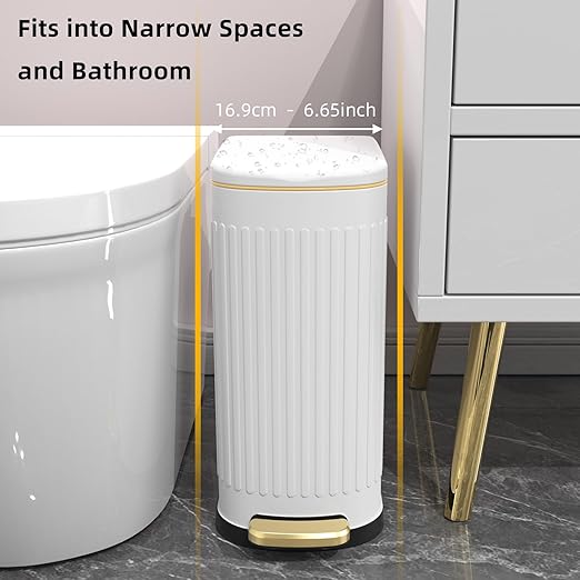 2.6 Gallon Slim Bathroom Trash Can with Soft Close Lid, 10L Stainless Steel Garbage Can with Removable Liner Bucket, for Narrow Spaces, Bathroom, Bedroom (White)