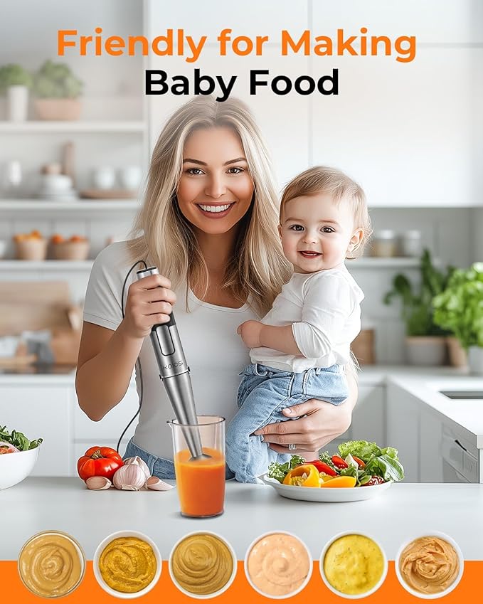 KOIOS Immersion Blender Handheld - Trigger Variable Speed 5-in-1 Immersion Hand Blender 1100W, Anti-Scratch Stainless Steel Shaft, Chopper & Milk Frother, Non-BPA for Soup, Baby Food and Smoothies