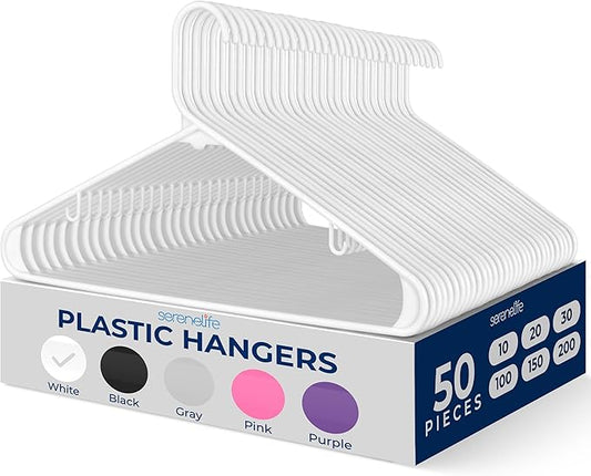 SereneLife 50-Pack White Plastic Hangers – Durable Tubular Slim Design for Shirts, Pants, Coats & Dresses, Space-Saving Closet Organization Hanger Set for Home & Laundry Storage Needs