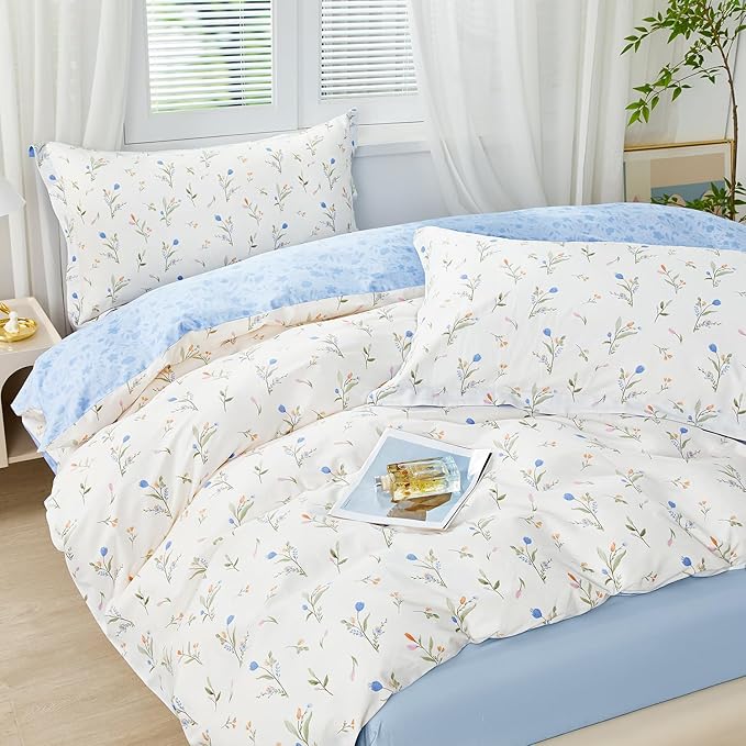 SAPHREAS King Size Blue Floral Duvet Cover Set 3pcs Botanical Flower White Bedding Comforter Cover Set 100% Cotton 1 Duvet Cover 104"x90" 2 Pillow Shams, Comforter Not Included