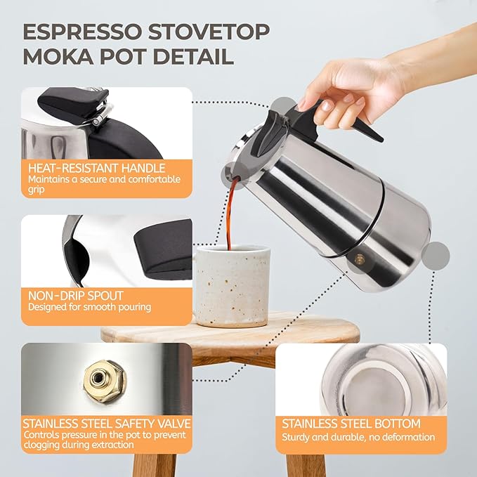 9 Cup 450ml Moka Pot Stainless Steel Espresso Coffee Maker Stovetop Percolator Coffeemaker Italian Classic Style Brewing Greca Cafe Mocha Machine for Cafeteras Lover Camping Travel and Home Use 15oz