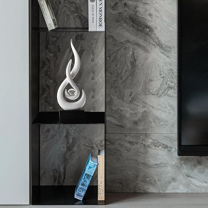 AWNR Abstract White Sculpture Decor: Flame Statue with Glass Ball Resin Art Figurines Unique Centerpiece Table Decorations Modern Home Decor Living Room TV Stand Coffee Table Office Decor