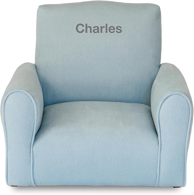 Toddler Personalized Armchair, Kids Upholstered Rocking Chair with Personalization, Toddler Chair with Personalized Name, Comfy Child Armchair, (Light Blue Suede, Rockers)