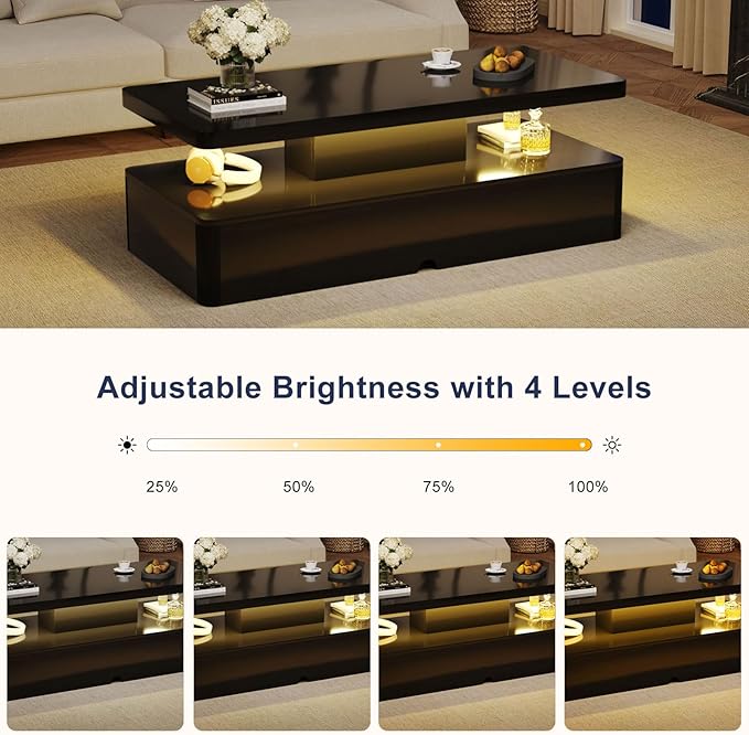 MXV Modern Coffee Table, 47 Inches Coffee Tables with 16 Colors LED Lights, 2 Tier Rectangular Center Table, Large Storage Space, High Glossy Wooden Tea Table for Living Room, Bedroom, Office, Black