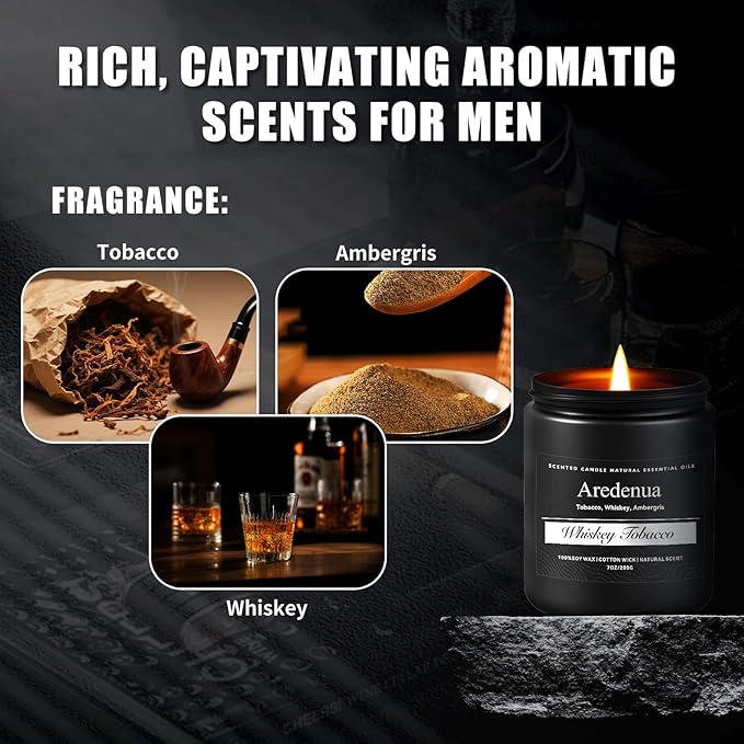 Whiskey Tobacco Candle, Manly Soy Candles for Home Scented, Masculine Scented Candles Aromatherapy Gifts for Men - 7oz Manly Candle, 50 Hours Burn Time, Perfect for Creating Relaxing Atmosphere