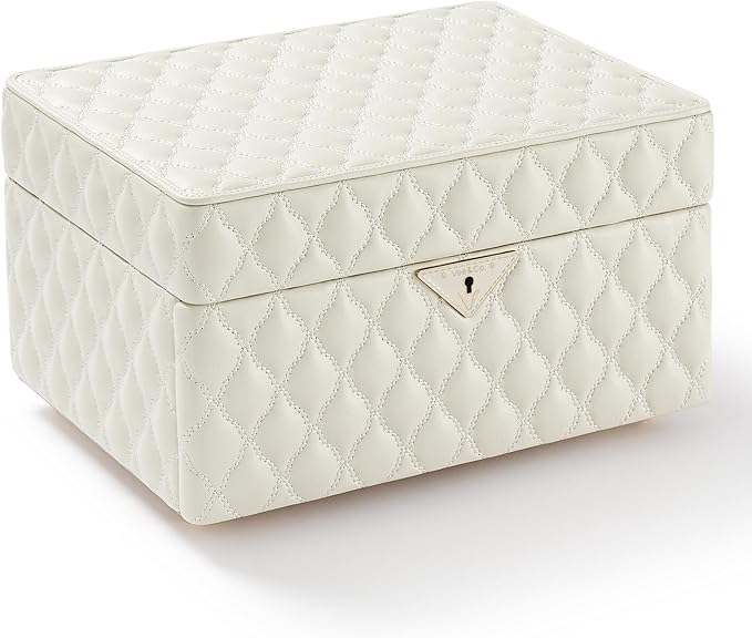 VEE&CO. Jewelry Box,Diamond Quilted Leather jewelry organizer earring holder organizer necklace organizer 2-Layer Jewelry Case with Drawers, with Key Lock,gifts for women (beige, Medium)