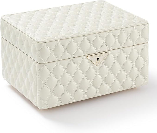 VEE&CO. Jewelry Box,Diamond Quilted Leather jewelry organizer earring holder organizer necklace organizer 2-Layer Jewelry Case with Drawers, with Key Lock,gifts for women (beige, Medium)