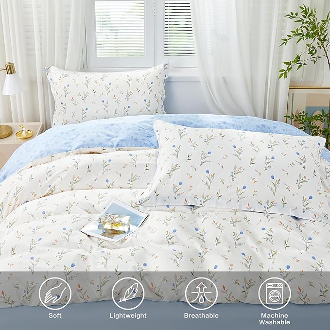 SAPHREAS Blue Floral Full Size Duvet Cover Set 3pcs Botanical Flower White Bedding Comforter Cover Set 100% Cotton 1 Duvet Cover 90"x80" 2 Pillow Shams, Comforter Not Included