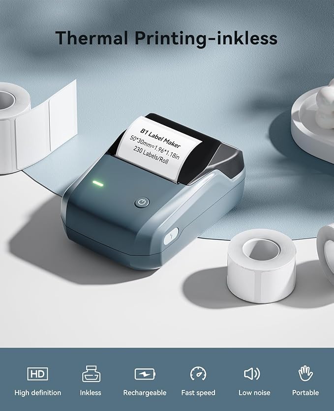 NIIMBOT 2Inch Label Maker Machine with 3 Tape, B1 Portable Sticker Printer for Small Businesses, Clothing, Logo, Jar, Address, Compatible with Phones & PC, Blue
