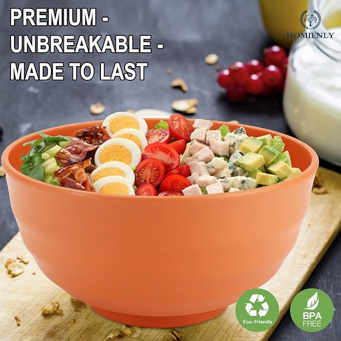 Homienly 60 OZ Large Salad Bowls,Wheat Straw Bowls Set of 8,Large Serving Bowl for Wedding Parties, Microwave and Dishwasher Safe Bowl for Salad,Soup,Big Bowls for Kitchen-Orange