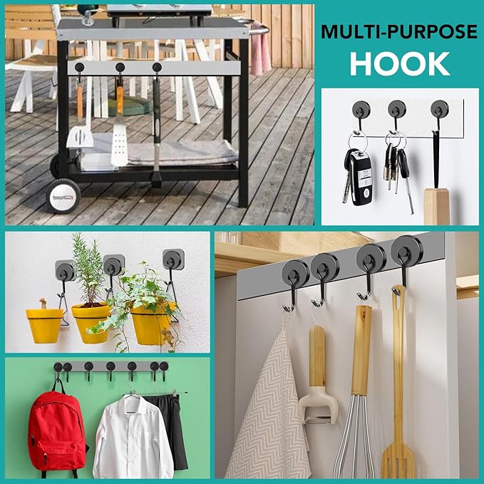 DIYMAG Black Magnetic Hooks, 110LBS Strong Magnetic Hooks Heavy Duty, Cruise Ship Essentials Magnet Hooks with Metal Hook for Hanging Refrigerator Home Kitchen Office, 8Pack