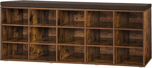 DINZI LVJ Shoe Storage Bench with Cushion, 15-Cubby Rack, Adjustable Shelves, Long Organizer Bench for Entryway, Mudroom, Hallway, Living Room, Bedroom and Garage, Rustic Brown
