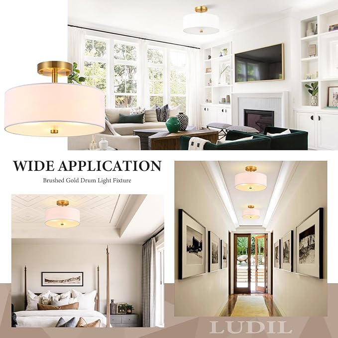 13" Semi Flush Mount Ceiling Light Fixture, 3-Light Gold Drum Light Fixture, Modern Close to Ceiling Light with White Fabric Shade Lamps for Bedroom Living Room Kitchen Hallway Entryway