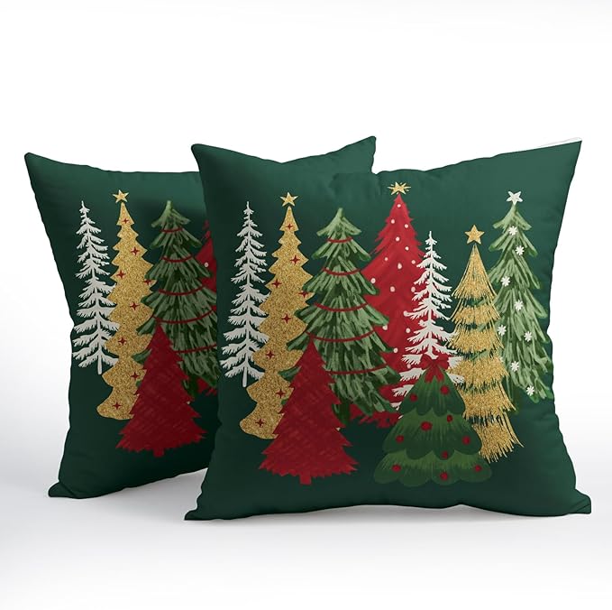 Kawani Christmas Green Decorative Pillow Covers 24x24 Inch Set of 2 Christmas Tree Outdoor Throw Pillow Covers Winter Xmas Holiday Pillowcases Cushion Covers for Home Couch Christmas Decor