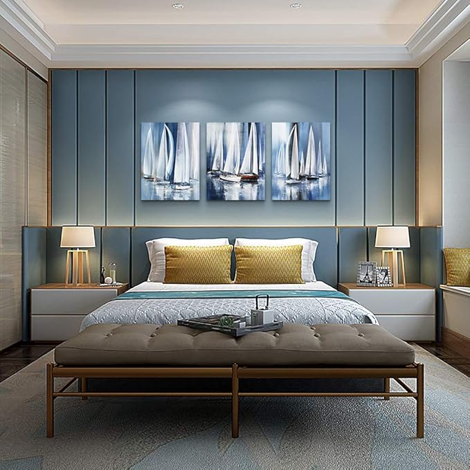 3 Piece Framed Canvas Wall Art For Living Room Bathroom Bedroom Wall Art Decor Ocean Landscape Sailboat Abstract Canvas Painting Ready To Hang Office Home Decoration Sea Poster Pictures Wall Artworks