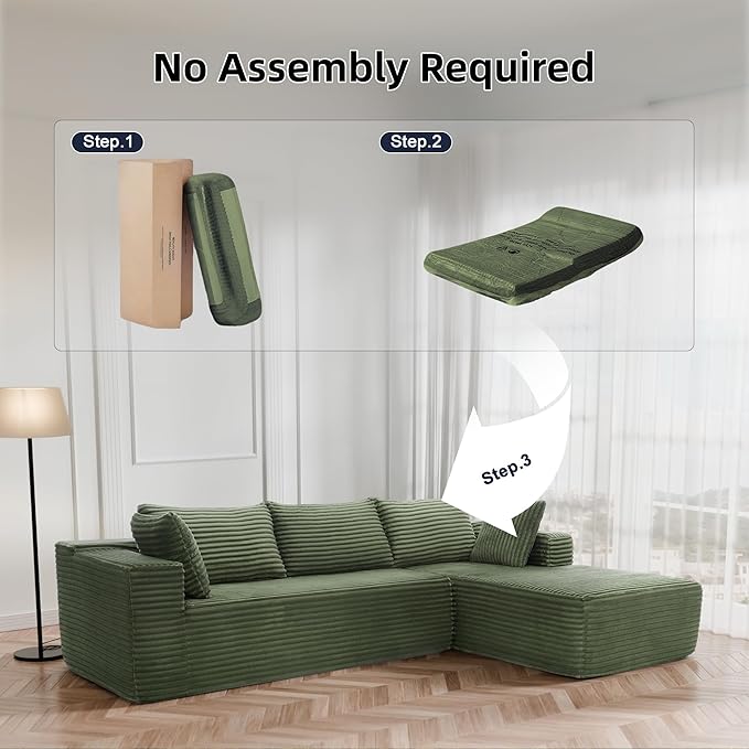105" Cloud Sectional Couch with L-Shape Chaise,Modern Modular Sofa with Deep Seat, Fluffy Boneless Couches for Living Room Bedroom,No Assembly Required, Green (Plush Flannel Fabric)