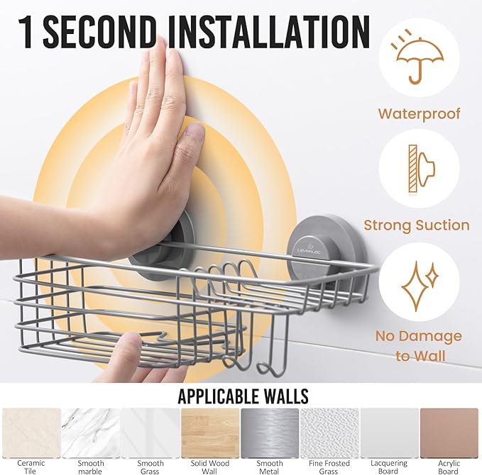LEVERLOC Shower Caddy Suction Cup, Heavy Duty Bathroom Organizer for Inside Shower with Hooks & Soap holder， NO-Drilling Bathroom Holder-Grey