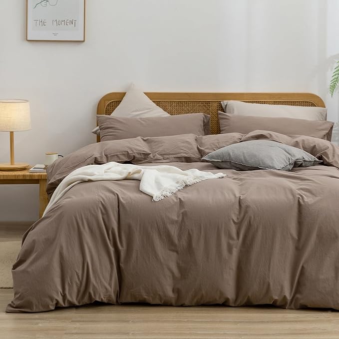 BESTOUCH Duvet Cover Set 100% Washed Cotton Linen Feel Super Soft Comfortable Chic Lightweight 3 PCs Home Bedding Set Solid Pine Bark Brown Oversized King