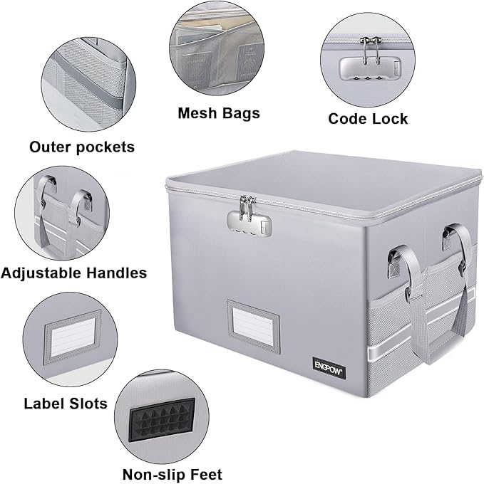ENGPOW File Box with Lock, Fireproof Document Box with Pockets, Collapsible File Organizer Filing Storage Cabinet with Handle, Portable Home Office Safe for Hanging Letter/Legal Folders,Silver,2 Pack