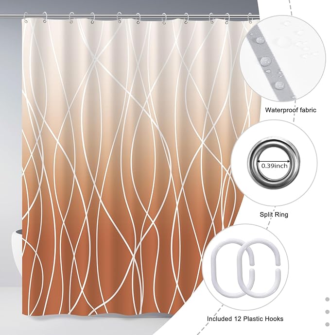 Punkray Burnt-Orange Striped Polyester Shower Curtain for Bathroom with Hooks, Shower Curtains for Bathroom, Waterproof Bath Accessories Hotel Style - Machine Washable 72 x 72