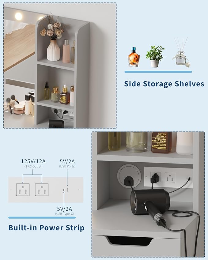 Garvee Vanity Desk with Mirror and Lights - Makeup Vanity Desk with 4 Drawers, Built-in Power Outlet & USB, Adjustable LED Lighting, Makeup Table for Bedroom (Grey)