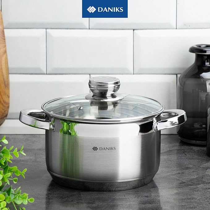 Daniks Standard 9-Piece Stainless Steel Induction Cookware Set, Saucepan, Dishwasher Safe Pots, Measuring Scale, Glass Lids, For Soup, Pasta, Stew, Silver