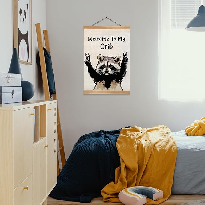 ZTGDA Welcome to My Crib Wall Art,Funny Raccoon Poster Durable Man Cave Wall Decor,Raccoon Canvas Hanging Sign for Entryway, Dorm Room, Nursery or Bedroom Decor (My crib raccoon)