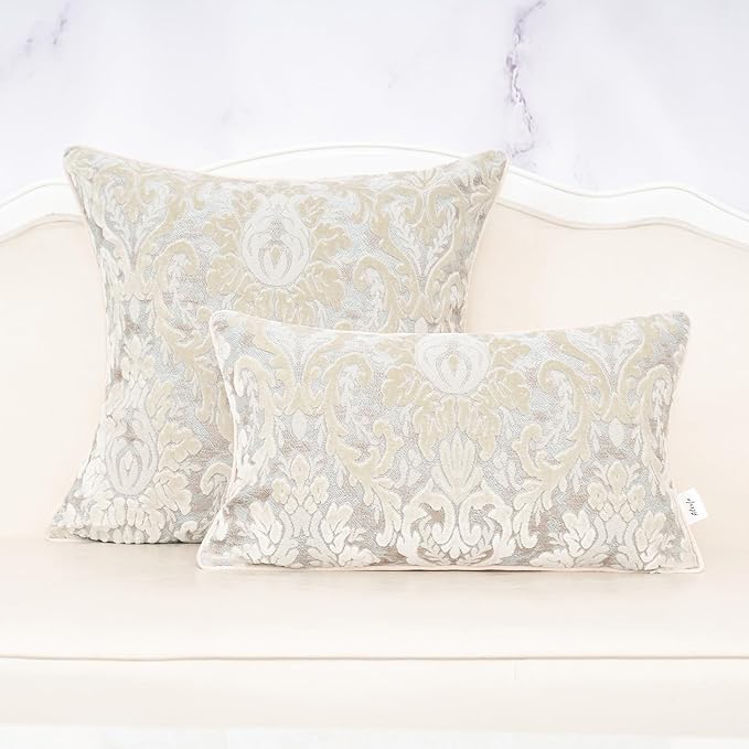 Alerfa Boho White Floral Throw Pillow Cover 20x20 Inch Cut Velvet Sqaure Luxury Embroidered Decorative Pillow Cover for Couch Living Room Bedroom