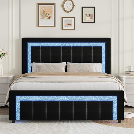 HOMBCK Full Size Bed Frame with LED Lights and Velvet Upholstered Headboard, Bed Frame Full with Modern Diamond Headboard Adjustable, Wooden Slats Support, Noise Free, No Box Spring Needed, Black