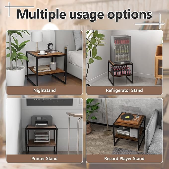 GOFLAME Square End Table Set of 2, 2-Tier Sofa Side Table with Open Shelf, Metal Frame, Industrial Tea Table, Compact Nightstand for Small Space, Bedside Table for Living Room, Bedroom, Rustic Brown