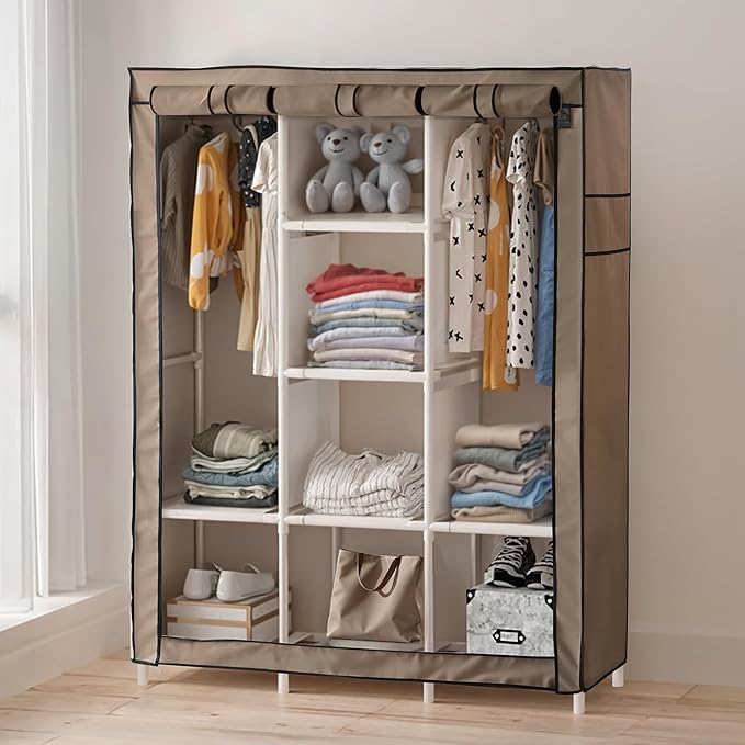 DivaDee Portable Wardrobe Closet with Cover – Freestanding Clothes Organizer with 8 Storage Shelves & Dual Hanging Rods – Spacious Closet for Bedroom, Dorm