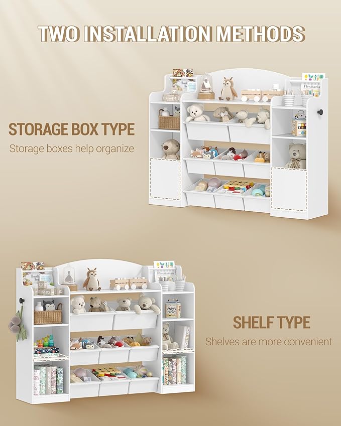 Toy Storage Organizer, Toy Shelf with 8 Storage Bins, Playroom Storage, Kids Bookshelf, 4-Tier Toddler Bookshelf for Children's Room, Bedroom, Living Room, Study Room, Nursery White KB43003W