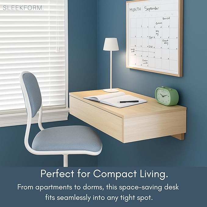 Sleekform Floating Desk for Wall with Drawer - 30x16x6 in. Floating Drawers, Wall Mounted Desk or Vanity Makeup Table, Modern White Oak Patterned Laminate