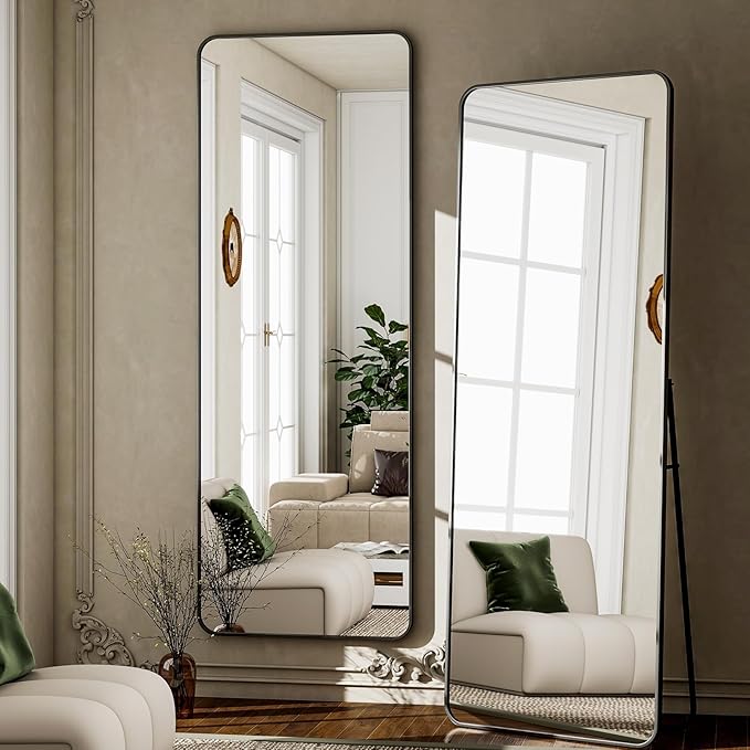 Round Corner Mirror Full Length, 66" x 23" Floor Mirror with Stand, Matte Aluminum Alloy Frame Full Body Mirror, Standing Hanging or Leaning for Bedroom and Living Room, Black