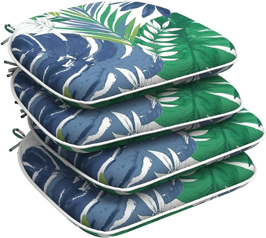 Set of 4 Outdoor Chair Cushions with Ties,Water Repellent Patio Chair Pads 17"x 16" for Outdoor Furniture,Round Corner Seat Cushions for Garden Yard Kitchen Islamorada Blue Green