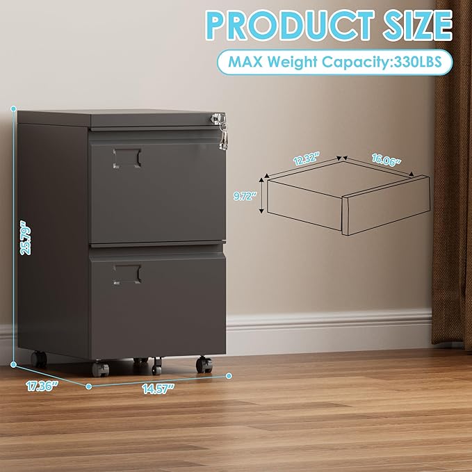 2 Drawer Mobile File Cabinet with Lock,Under Desk Metal Filing Cabinets for Home Office Fits Letters/Legal/A4 Size Folder, Assembly Required, Black