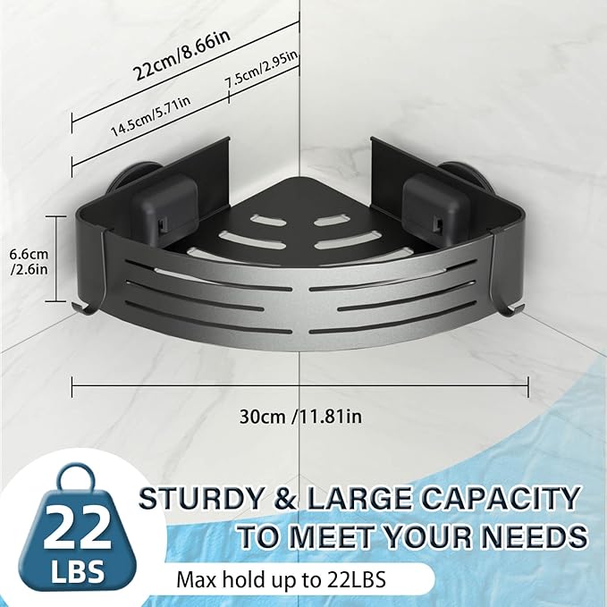 Onemake Corner Shower Caddy with Suction Cups, 2-Pack Removable Aluminum Wall Mounted Organizer Shelves Storage Rack with Towel Bar Portable Hook for Bathroom, Grey