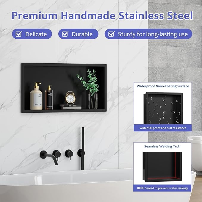 Shower Niche, 24" X 12"(Inner Size 22.6"X11") No Tile Needed Bathroom Niche for Shower Wall, Black Stainless Steel Shower Niche Insert for Bathroom, Recessed Wall Niche Shelf