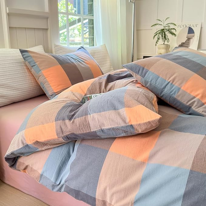 FACE TWO FACE Bedding Duvet Cover Set100% Washed Cotton Duvet Cover Linen Like Textured Breathable Durable Soft Comfy (King, Cookie Powder Grid)