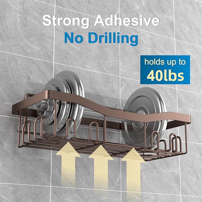 Adhesive Shower Caddy, No Drilling Bath Organizers 5 Pack, Rustproof Shelves with Soap Holder & Toothbrush Holder, Bathroom Organizers and Storage, Bronze