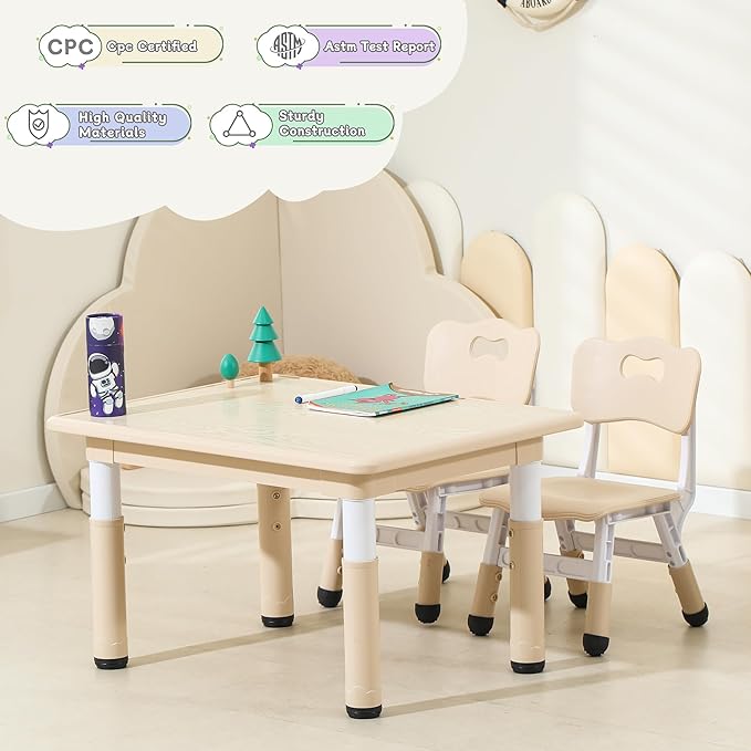 Kids Table and Chairs, Height-Adjustable Toddler Table and Chair Set with 31.5''Lx23.6''W Graffiti Desktop, Table Chair for Ages 3-8, Childrens Table and Chair Set for Daycare with 2 Chairs