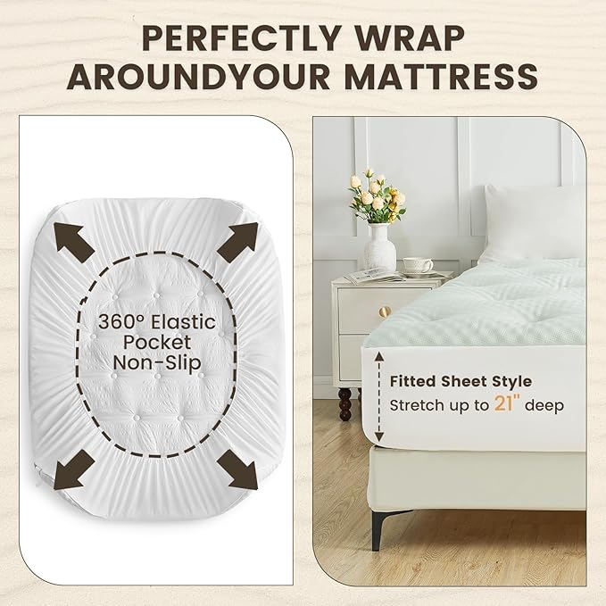 QUIETSEA Reversible Queen Mattress Topper Egg Crate Memory Foam Mattress Topper, Bamboo Viscose Mattress Pad Queen, Noiseless Waterproof Mattress Cover with Deep Pocket Stretches up to 21", 60" x 80"