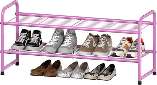 SUFAUY 2-Tier 33" Wide Shoes Rack Shelf for Closet Metal Stackable Shoe Storage Organizer, Wire Grid, Pink
