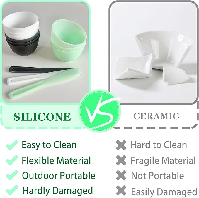 12Pcs Face Mask Mixing Bowl DIY Silicone Facial Mask Bowl for Home Salon Spa Face Skin Applicator Bowl with Stir Sticks, Black,White,Green