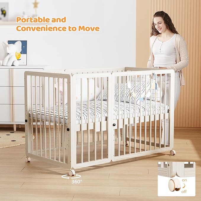 JOYMOR 8 in 1 Convertible Crib with Changer, Include 2” Mattress, Converts to Bassinet, Mid Crib, Full Size Crib, Daybed,Toddler Bed and Playard (Crib, Washed Natural)