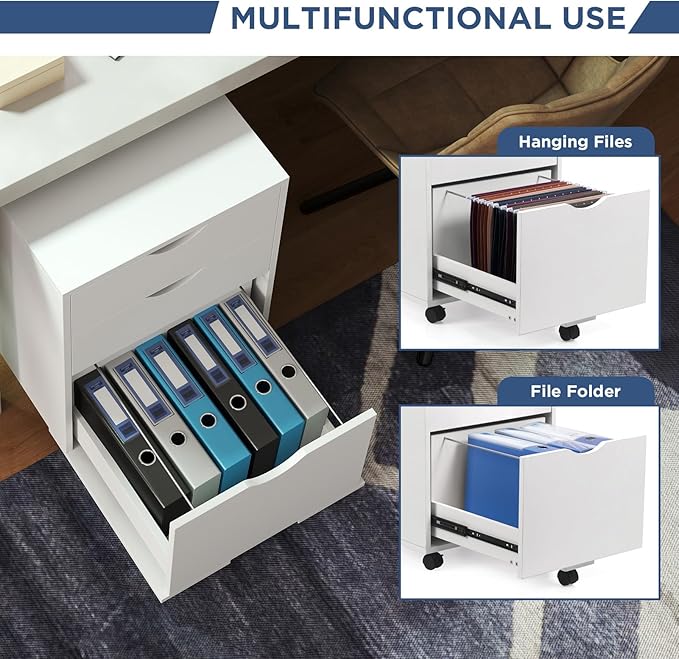 HollyHOME 3-Drawer Wood File Cabinet, Under Desk Cabinet for Home Office, Rolling Storage Shelf for Home, Printer Stand, for A4, Letter-Size, 11.8in Hanging File Folders, White