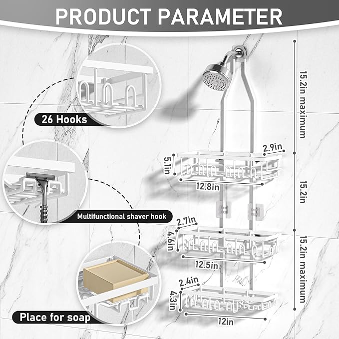 Shower Caddy,Rustproof Shower Shelves Over Shower Head,Extended Length shower rack with Soap HoSlder,White